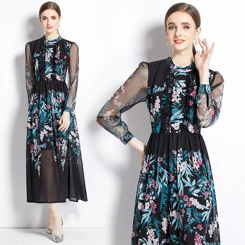 Gorgeous Floral Vintage Women's Maxi Dress, Mock Neck, Ruffled Trim, Long Sleeves, Chiffon Party, Cocktail, Festive Vestidos